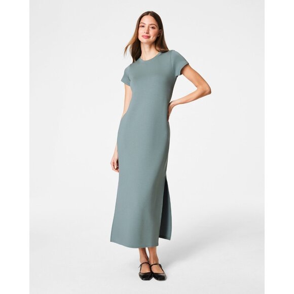 SPANX AIRESSENTIALS maxi dress short sleeve side slits casual fennel green M - Picture 1 of 7